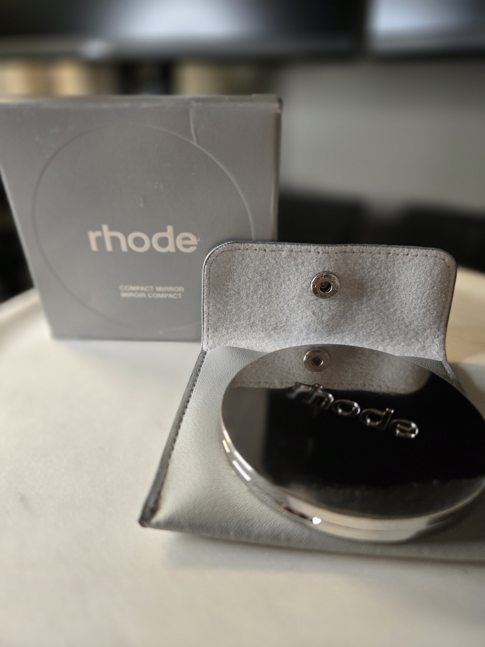 RHODE Silver Compact Mirror with Gray Case NEW